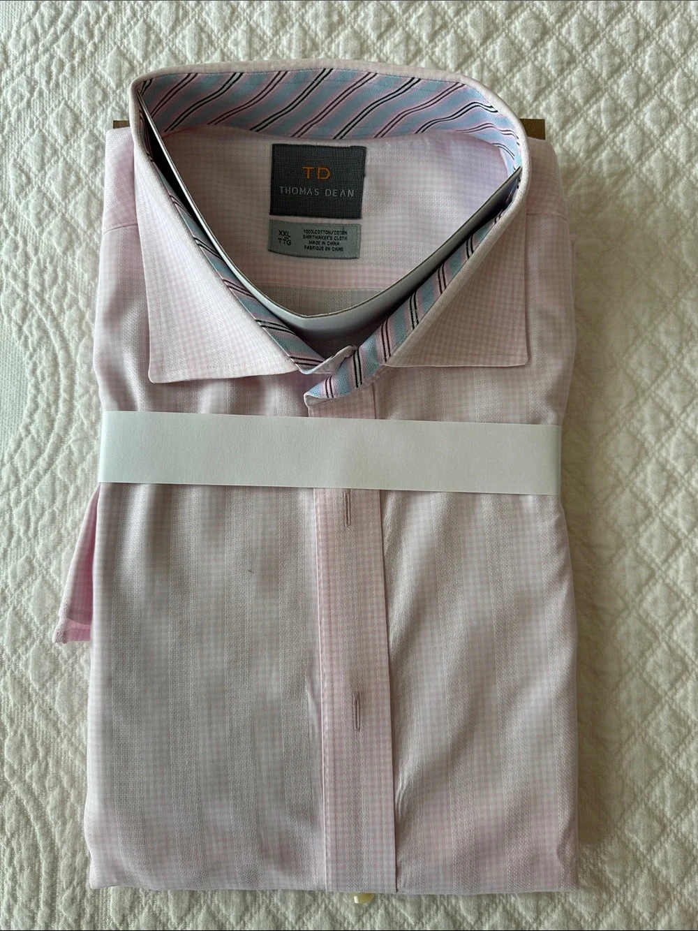 Thomas Dean Pink Micro-Check Dress Shirt with Contrast Stripe Collar